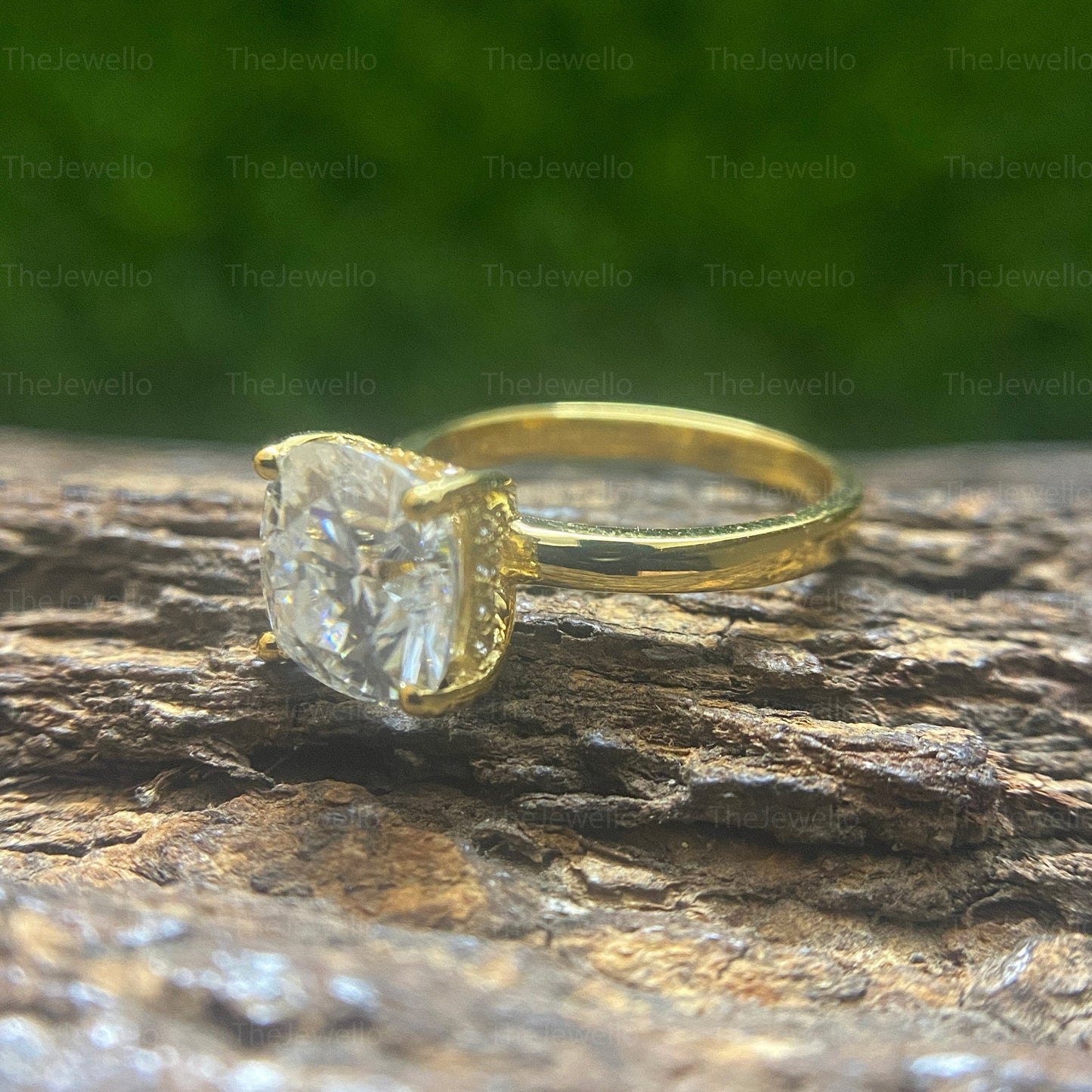 2.62 CT Hidden Halo Cushion Moissanite Ring, Colorless Moissanite Solid Yellow Gold Ring, Underhalo Engagement Rings