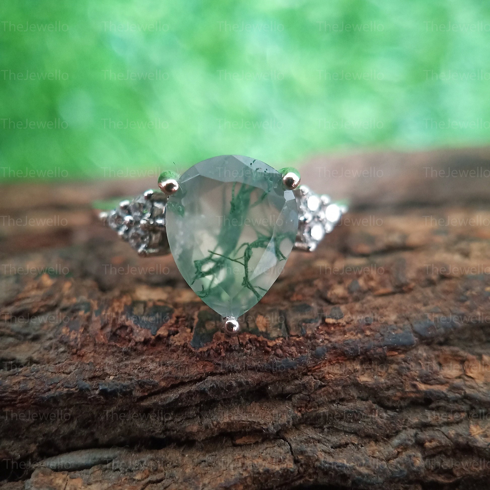 Moss Agate Engagement Ring, Pear Cut Mossagate Engagement Ring, Solitaire Accent Ring, Solid 14k White Gold Rings