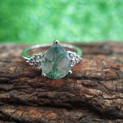 Moss Agate Engagement Ring, Pear Cut Mossagate Engagement Ring, Solitaire Accent Ring, Solid 14k White Gold Rings