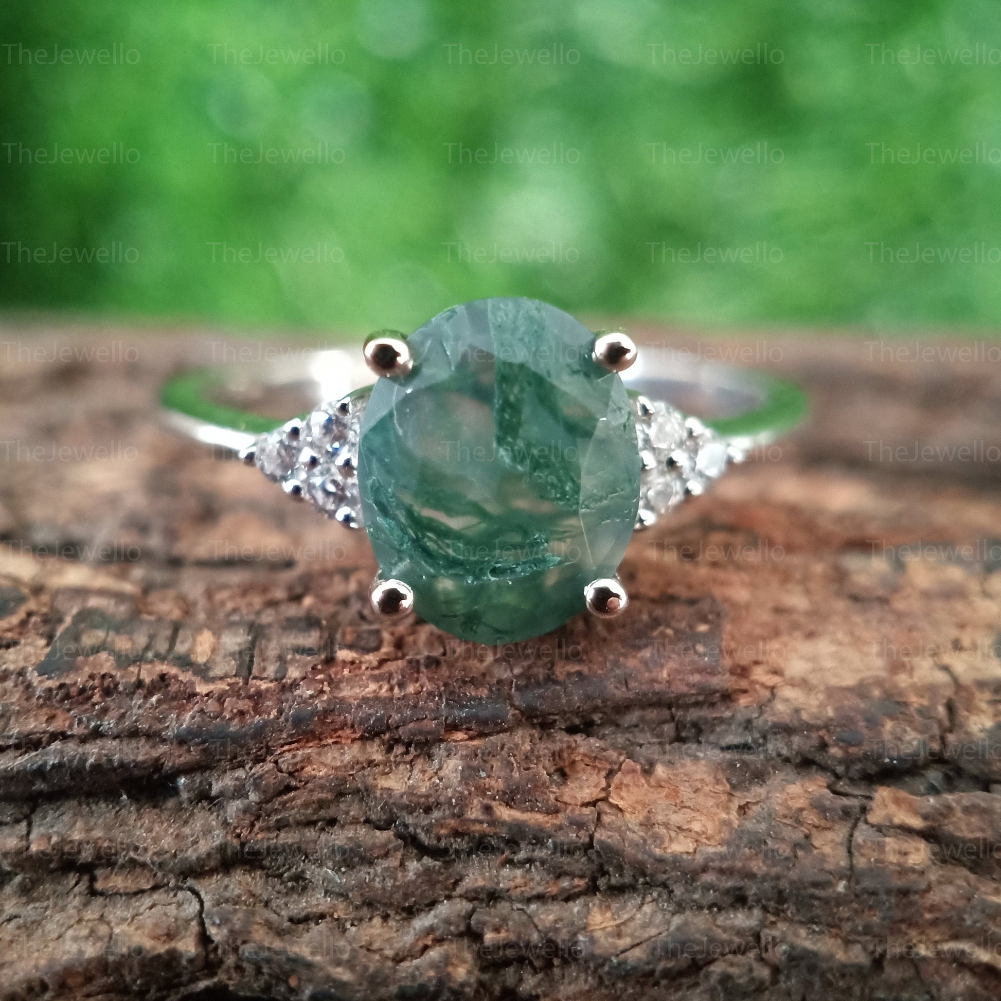 3.00ct Oval Moss Agate engagement ring / Green moss agate womens ring / solitaire accent diamond ring / 14k white gold ring / mossagate