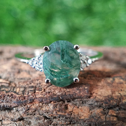 3.00ct Oval Moss Agate engagement ring / Green moss agate womens ring / solitaire accent diamond ring / 14k white gold ring / mossagate