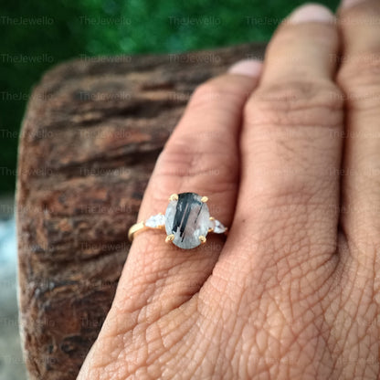 Oval Cut Black Rutilated Quartz Ring, Oval Engagement Ring, Three Stone Oval Wedding Ring in Real Yellow GOld