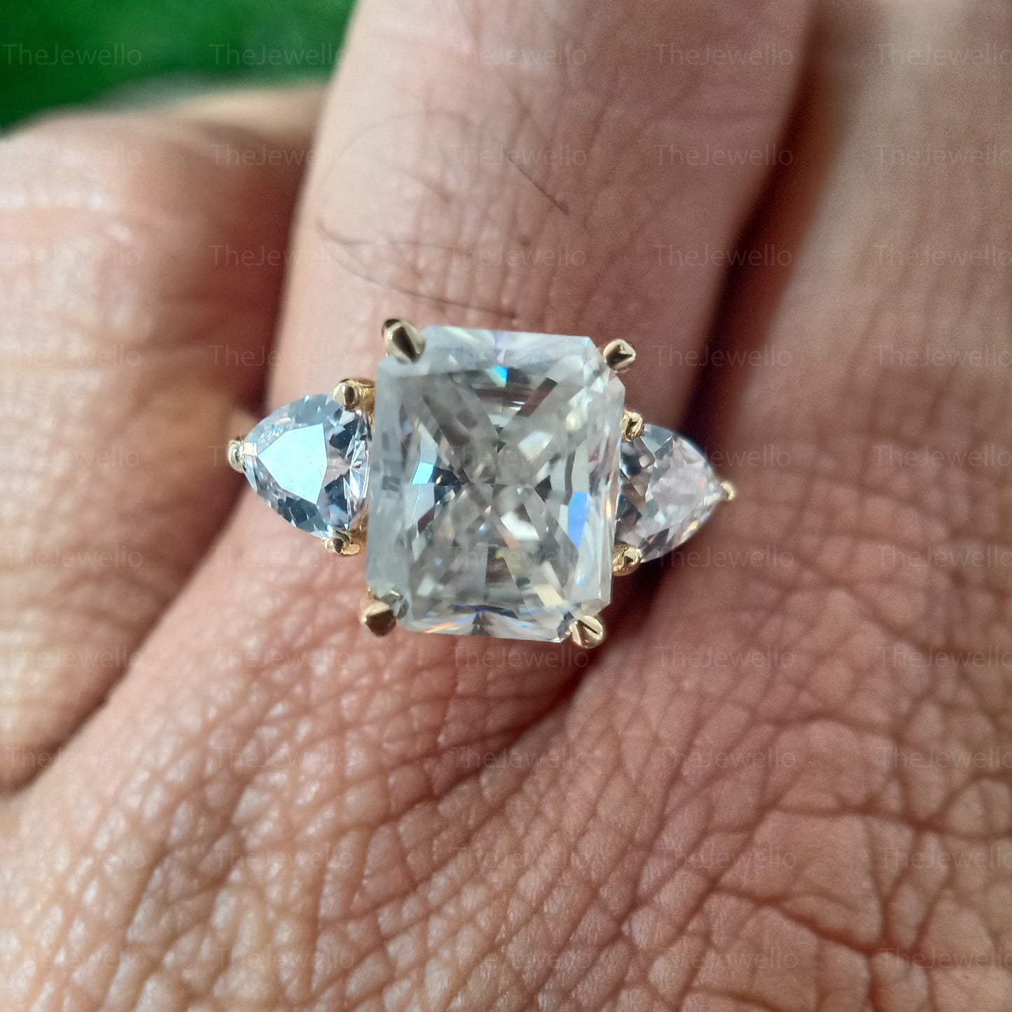 3.55 Carat Radiant Cut Moissanite Ring, Three Stone Engagement Ring, Solid Yellow Gold Wedding Ring, Trillion Cut Ring, Gifts For Her