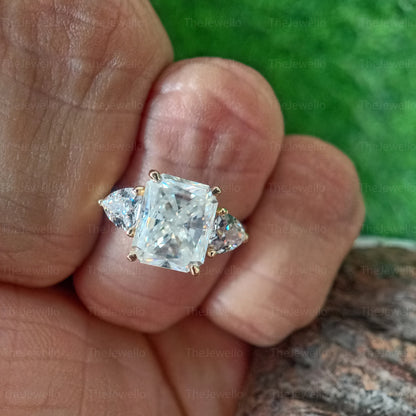 3.55 Carat Radiant Cut Moissanite Ring, Three Stone Engagement Ring, Solid Yellow Gold Wedding Ring, Trillion Cut Ring, Gifts For Her