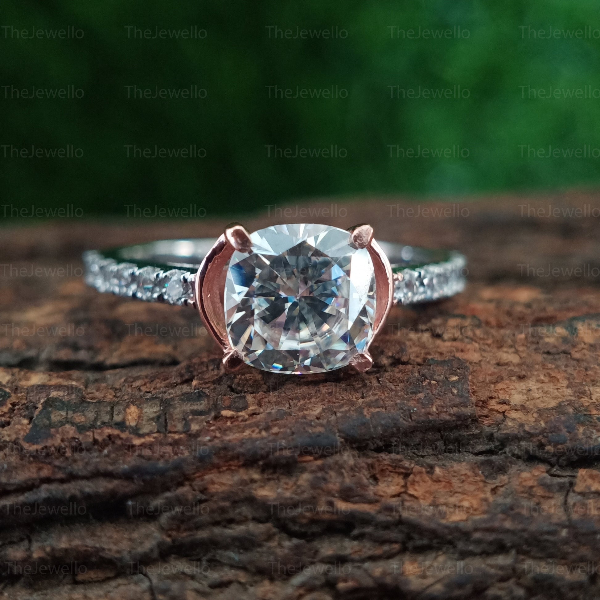 Cushion Moissanite Engagement Ring, 1.50 CT Cushion Cut Moissanite Wedding Ring, Two Tone Solid Gold Ring, Cushion Solitaire Accent Ring