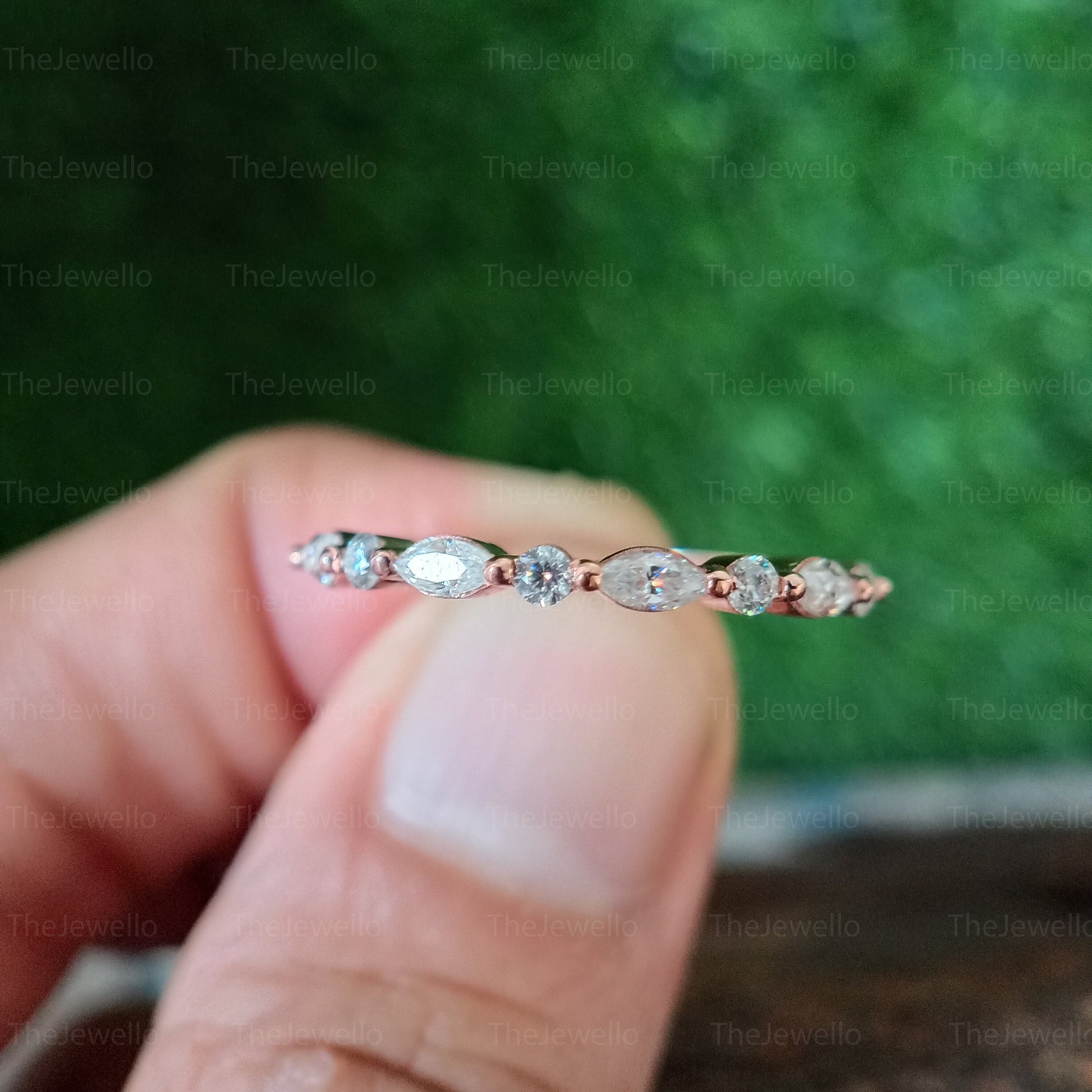 Moissanite Wedding Band, Round Marquise Cut Moissanite Diamond Bridal Band,Half Eternity Bridal Stacking band,Vintage Rose gold wedding band