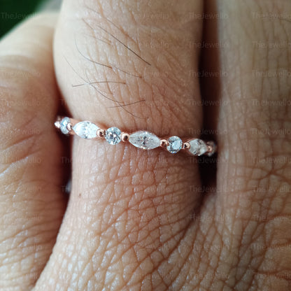 Moissanite Wedding Band, Round Marquise Cut Moissanite Diamond Bridal Band,Half Eternity Bridal Stacking band,Vintage Rose gold wedding band