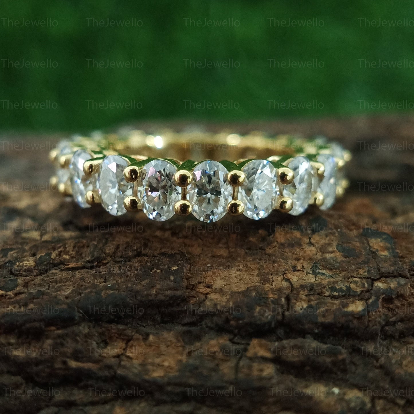 Moissanite Wedding Band, Oval cut Full Eternity Band, Yellow gold wedding band, vintage Stacking Matching bridal ring, promise ring