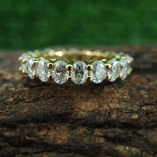 Moissanite Wedding Band, Oval cut Full Eternity Band, Yellow gold wedding band, vintage Stacking Matching bridal ring, promise ring