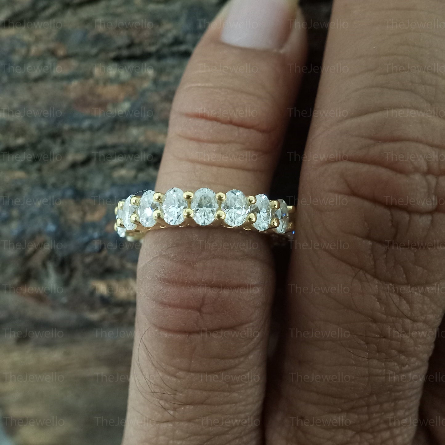 Moissanite Wedding Band, Oval cut Full Eternity Band, Yellow gold wedding band, vintage Stacking Matching bridal ring, promise ring