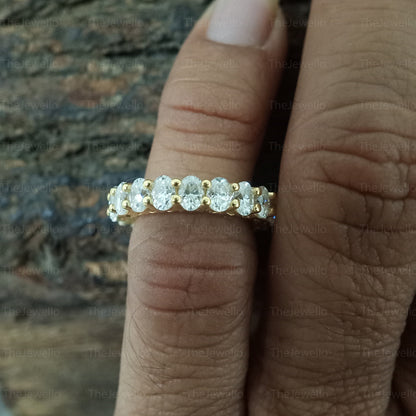 Moissanite Wedding Band, Oval cut Full Eternity Band, Yellow gold wedding band, vintage Stacking Matching bridal ring, promise ring