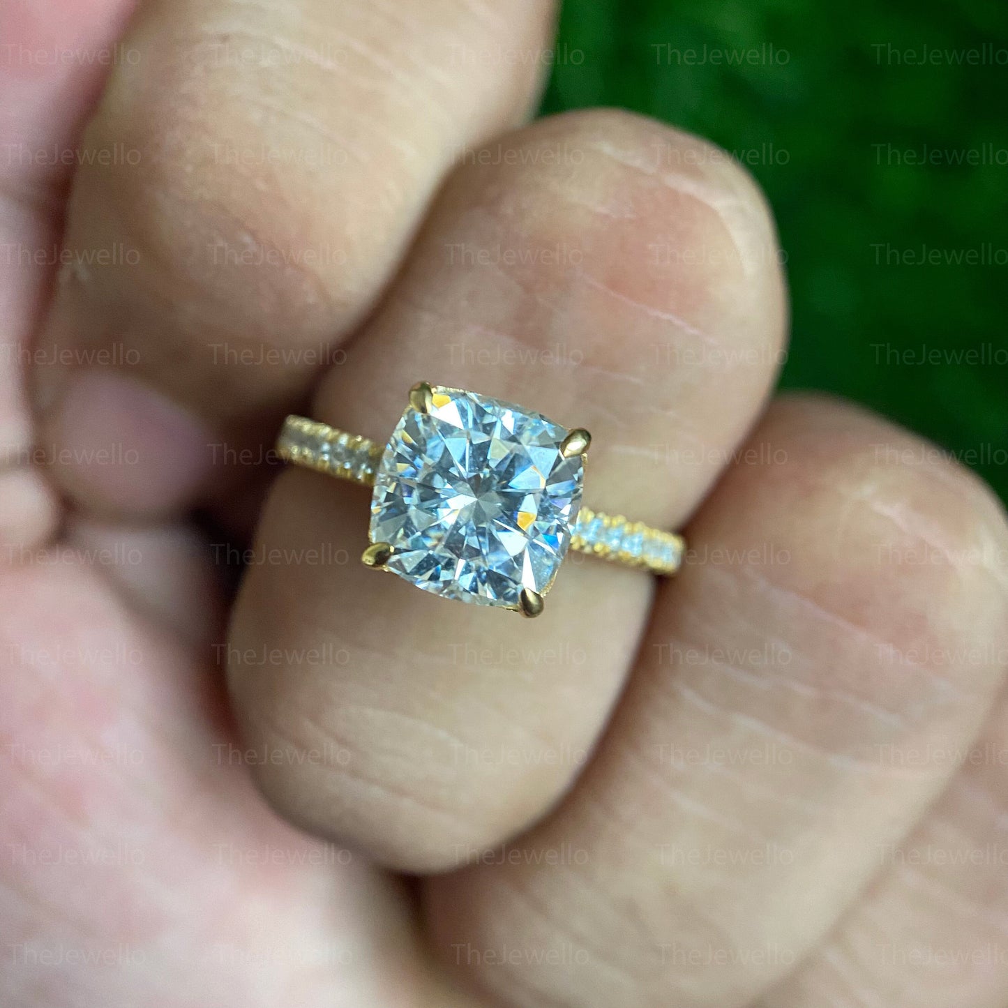 2.55 Carat Cushion Moissanite Ring, Yellow Gold Solitaire Accent Engagement Ring, Cushion Cut Diamond Ring