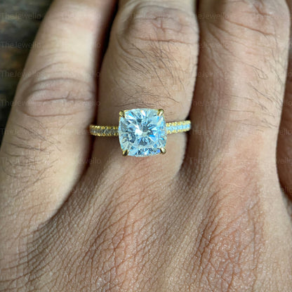 2.55 Carat Cushion Moissanite Ring, Yellow Gold Solitaire Accent Engagement Ring, Cushion Cut Diamond Ring