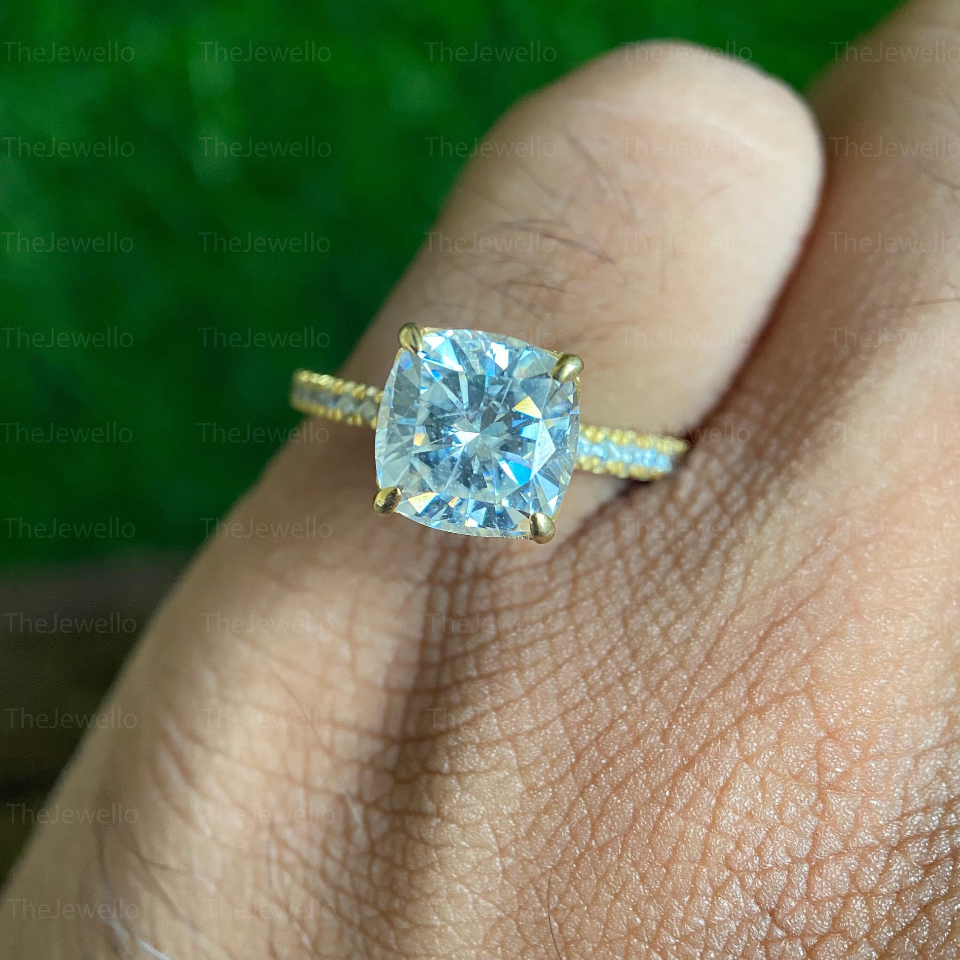 2.55 Carat Cushion Moissanite Ring, Yellow Gold Solitaire Accent Engagement Ring, Cushion Cut Diamond Ring