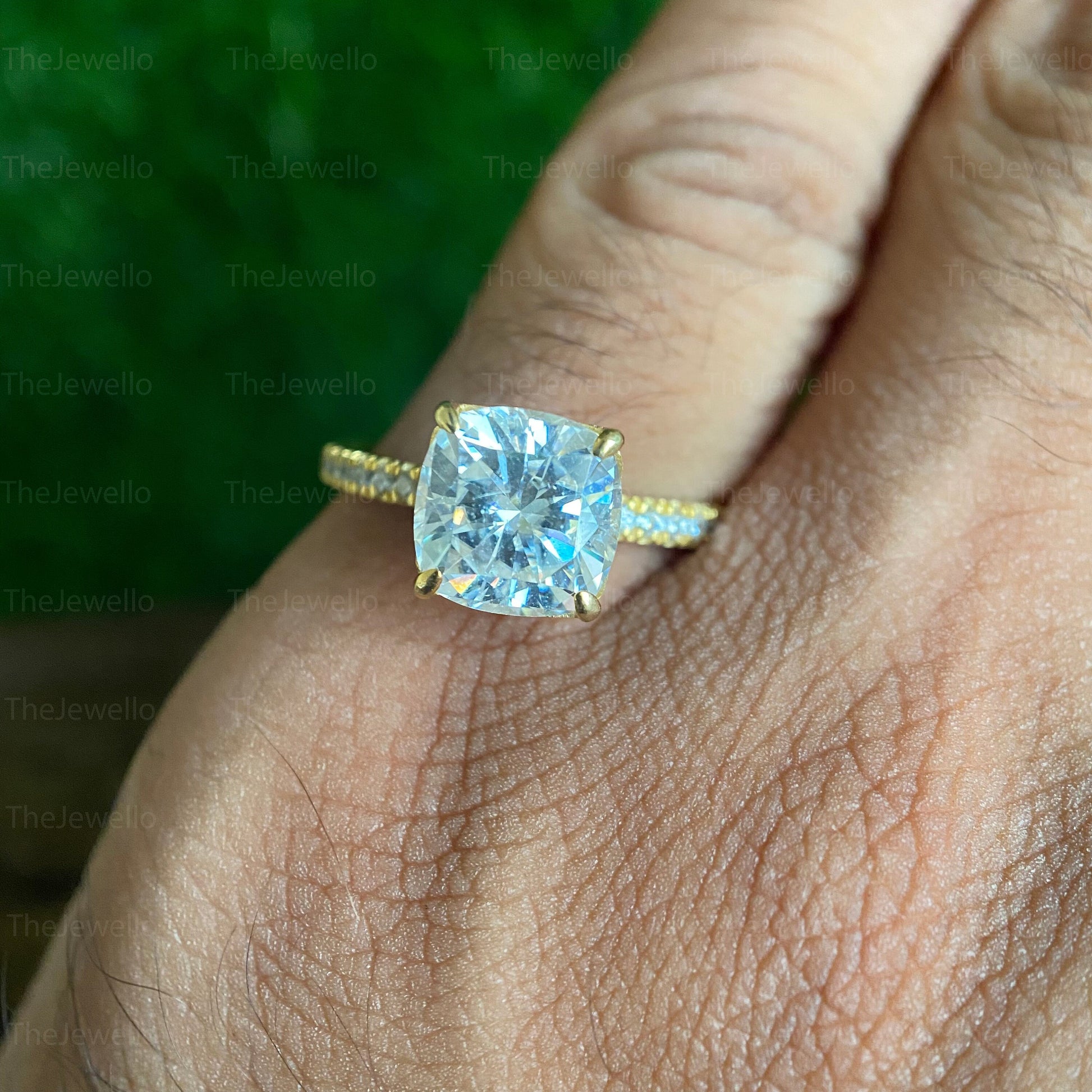 2.55 Carat Cushion Moissanite Ring, Yellow Gold Solitaire Accent Engagement Ring, Cushion Cut Diamond Ring