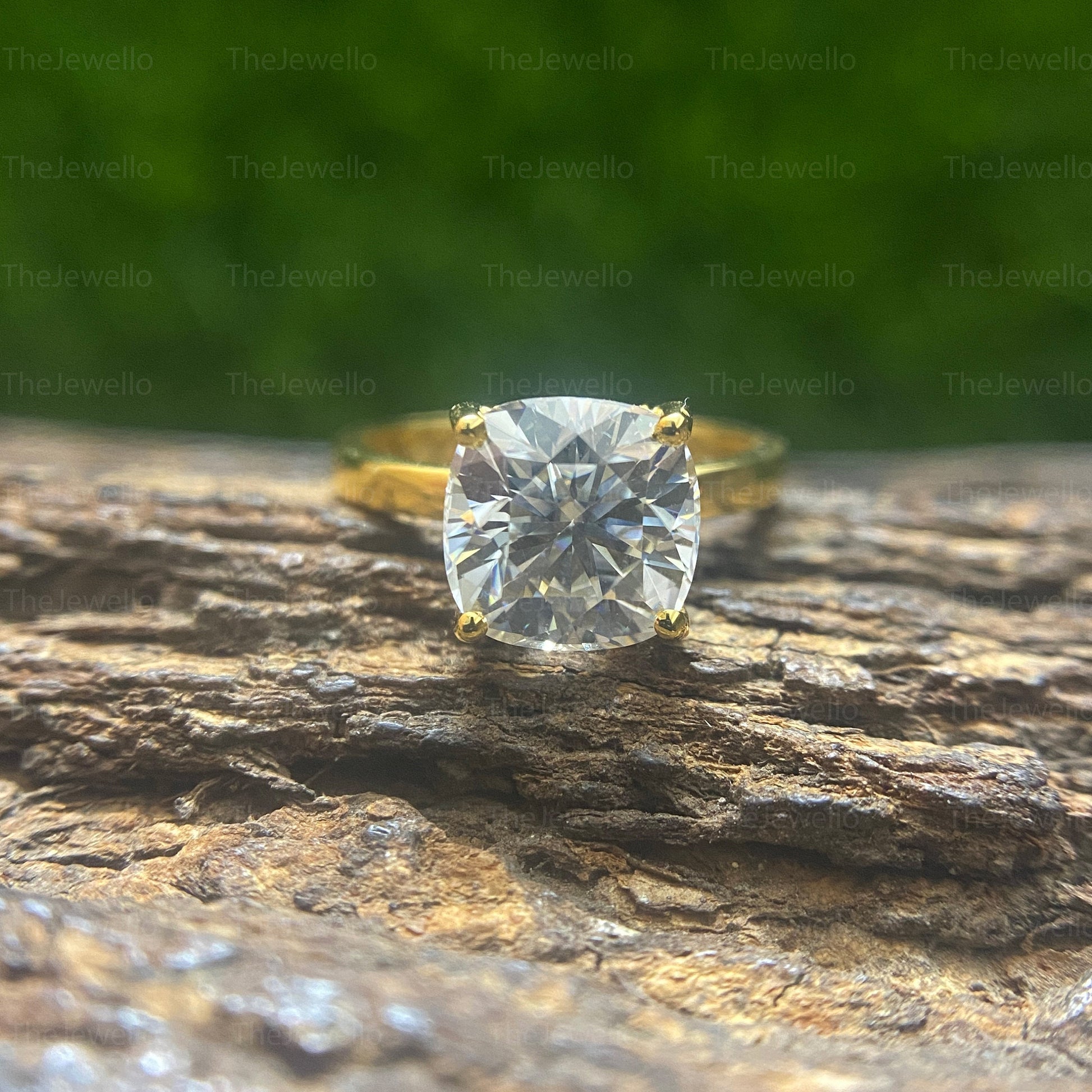 2.62 CT Hidden Halo Cushion Moissanite Ring, Colorless Moissanite Solid Yellow Gold Ring, Underhalo Engagement Rings