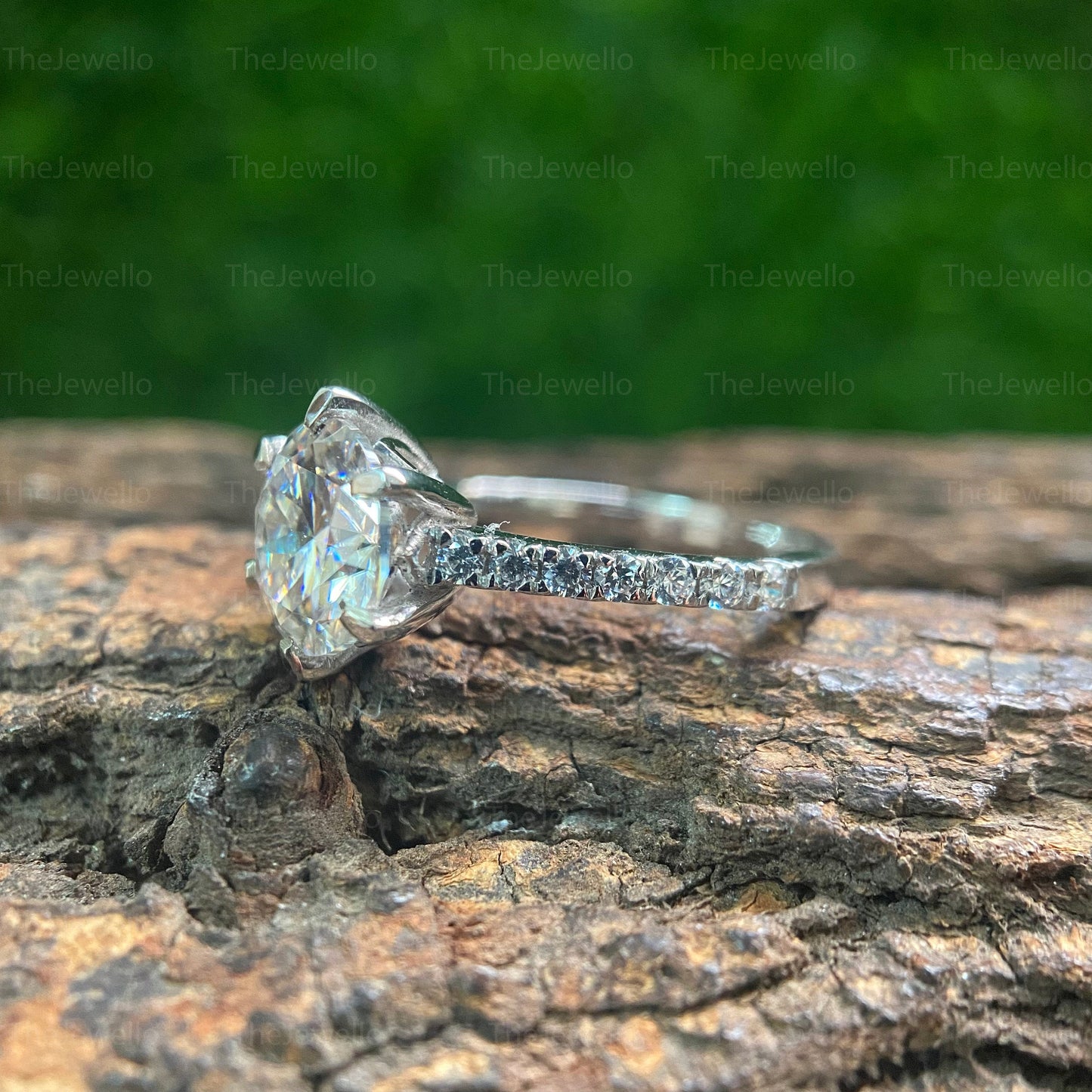 2.50Ct Moissanite Engagement Ring, Diamond Ring, 3/4 Eternity Pave Accent 6 Prongs 14k White Gold, Wedding Ring, Anniversary Promise Ring