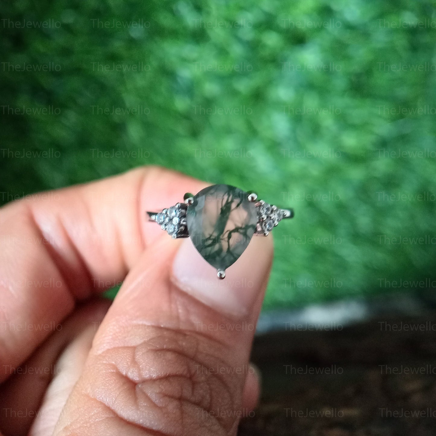 Moss Agate Engagement Ring, Pear Cut Mossagate Engagement Ring, Solitaire Accent Ring, Solid 14k White Gold Rings