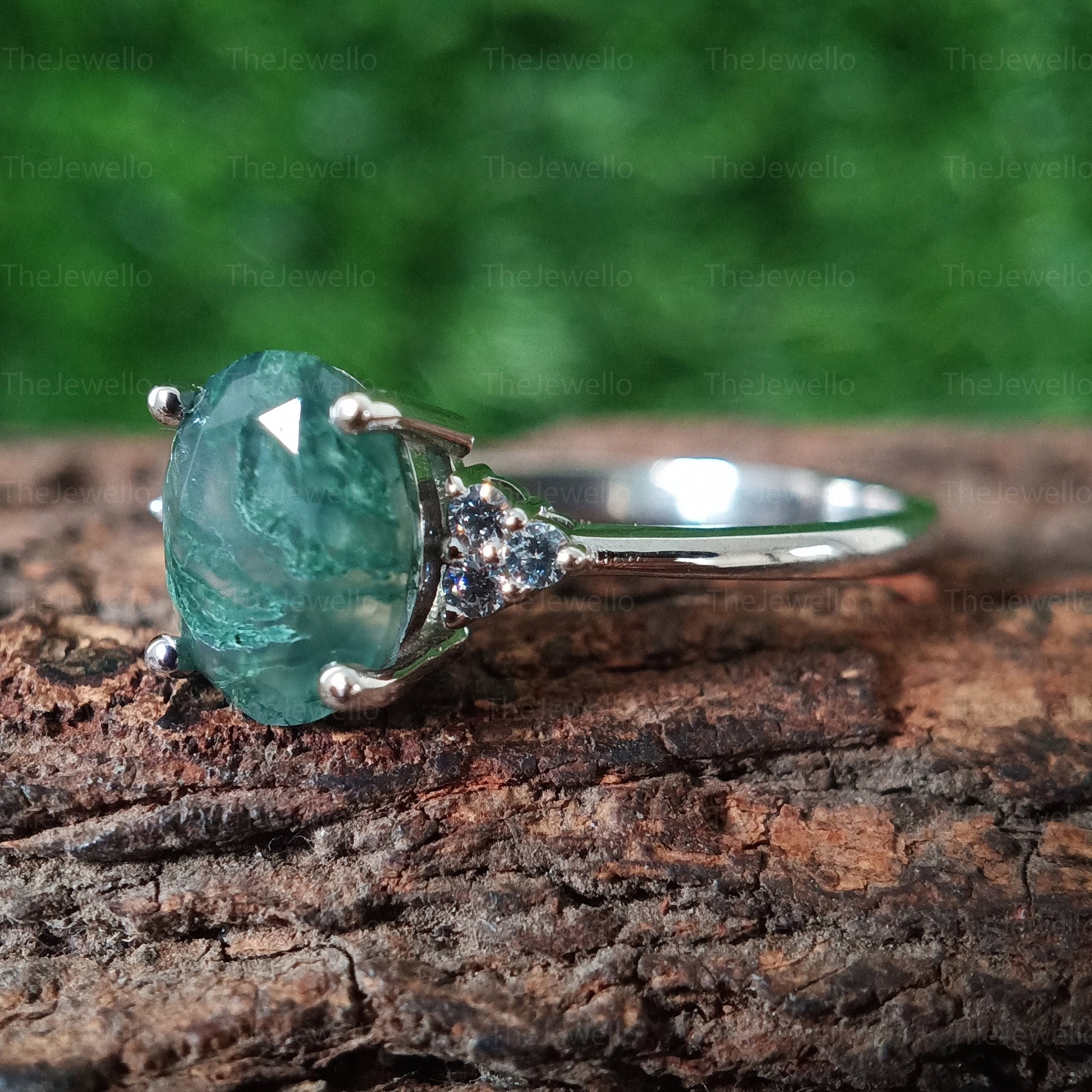 3.00ct Oval Moss Agate engagement ring / Green moss agate womens ring / solitaire accent diamond ring / 14k white gold ring / mossagate