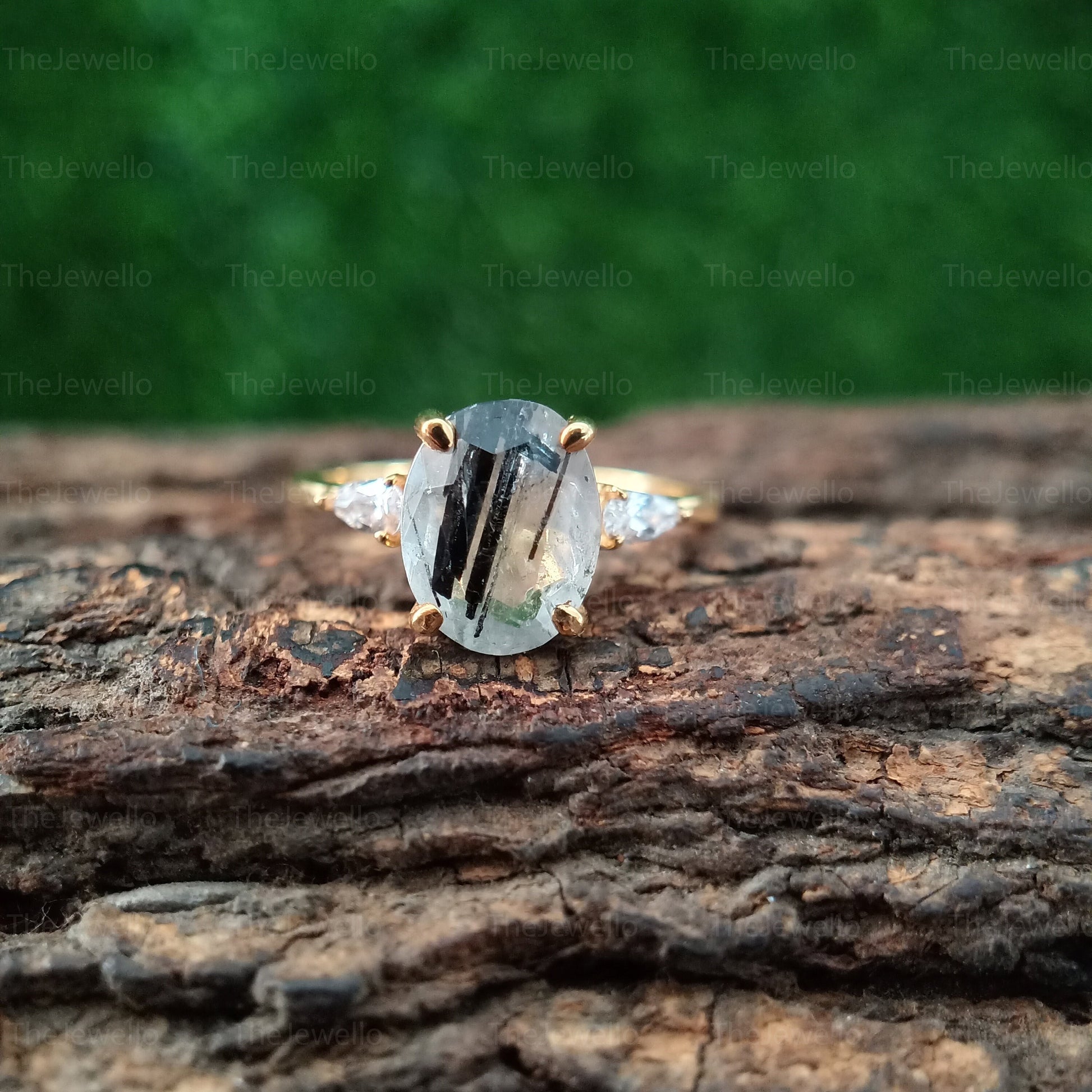 Oval Cut Black Rutilated Quartz Ring, Oval Engagement Ring, Three Stone Oval Wedding Ring in Real Yellow GOld