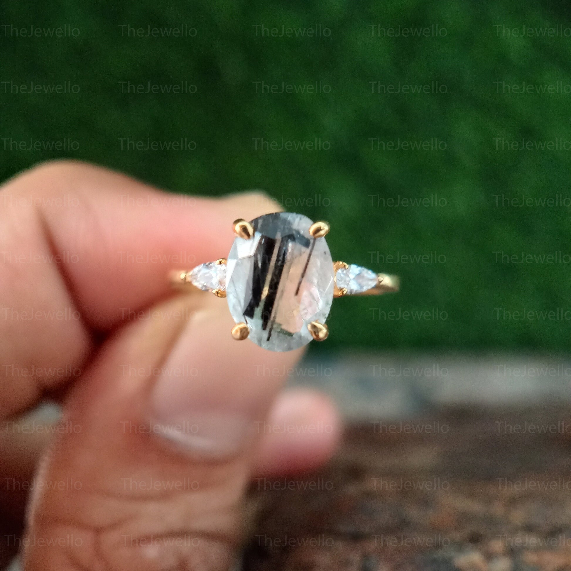 Oval Cut Black Rutilated Quartz Ring, Oval Engagement Ring, Three Stone Oval Wedding Ring in Real Yellow GOld