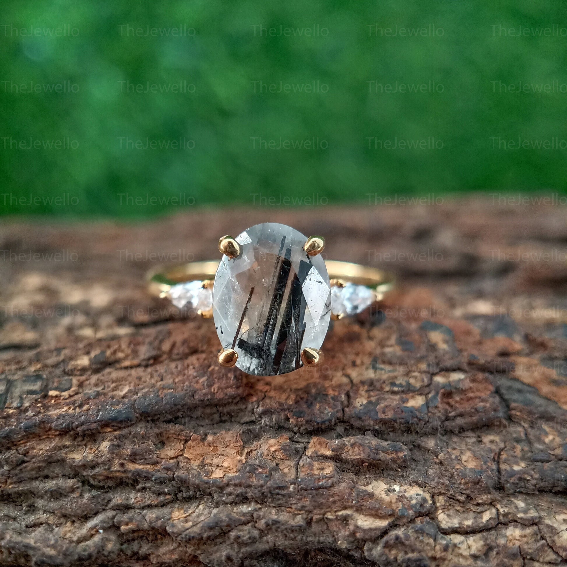 Oval Cut Black Rutilated Quartz Ring, Oval Engagement Ring, Three Stone Oval Wedding Ring in Real Yellow GOld