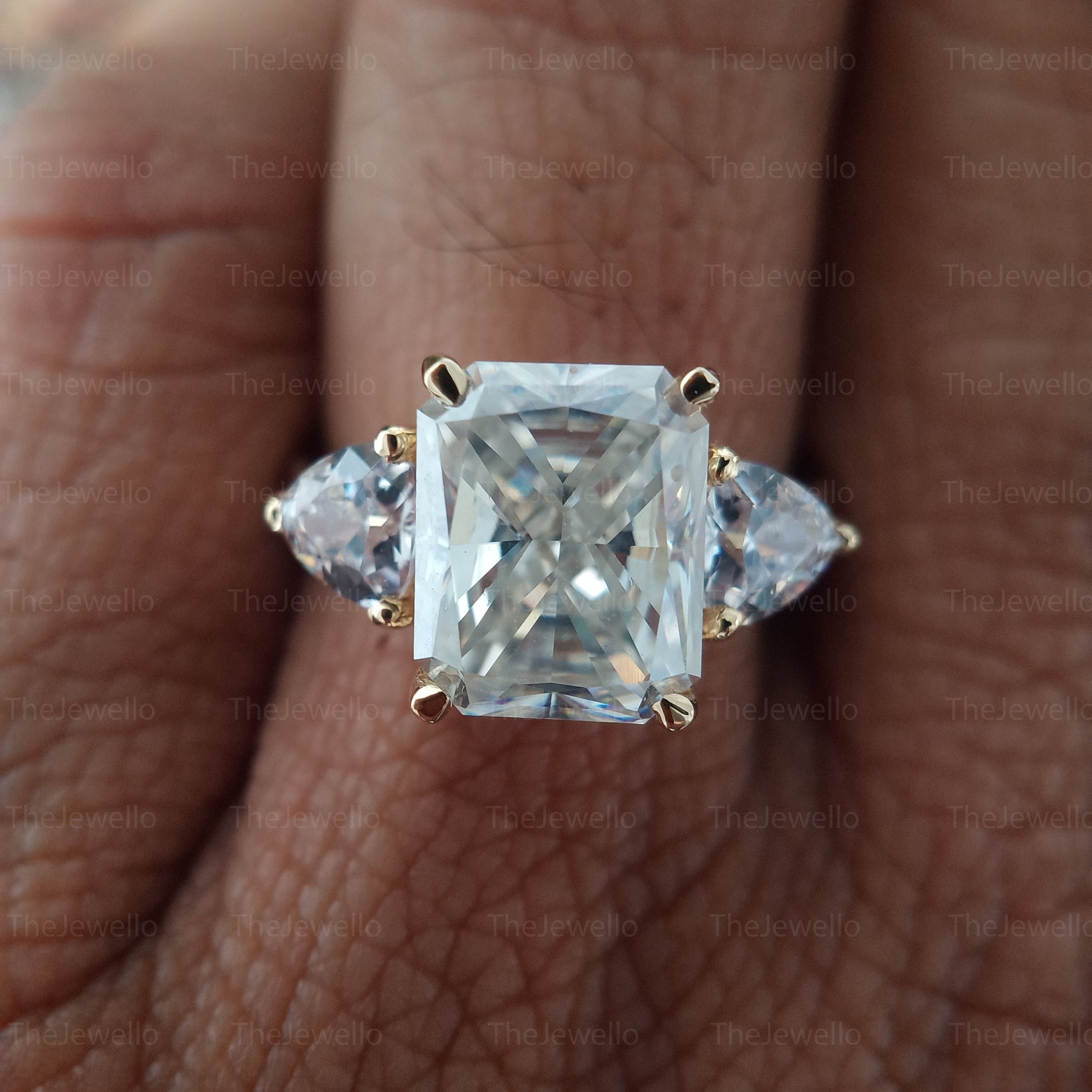 3.55 Carat Radiant Cut Moissanite Ring, Three Stone Engagement Ring, Solid Yellow Gold Wedding Ring, Trillion Cut Ring, Gifts For Her