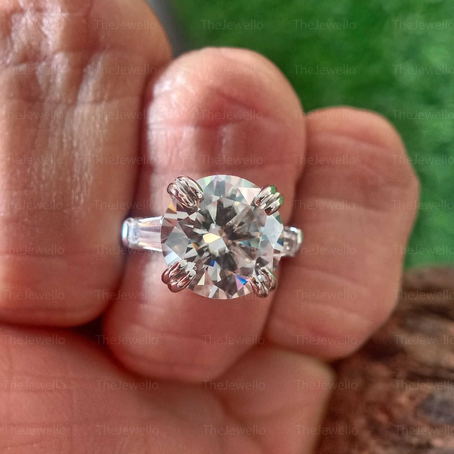 5Ct Round Cut Moissanite Ring, Three Stone Engagement Ring, Tapper Baguette Side Stone Moissanite Ring