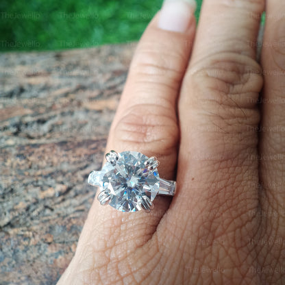 5Ct Round Cut Moissanite Ring, Three Stone Engagement Ring, Tapper Baguette Side Stone Moissanite Ring