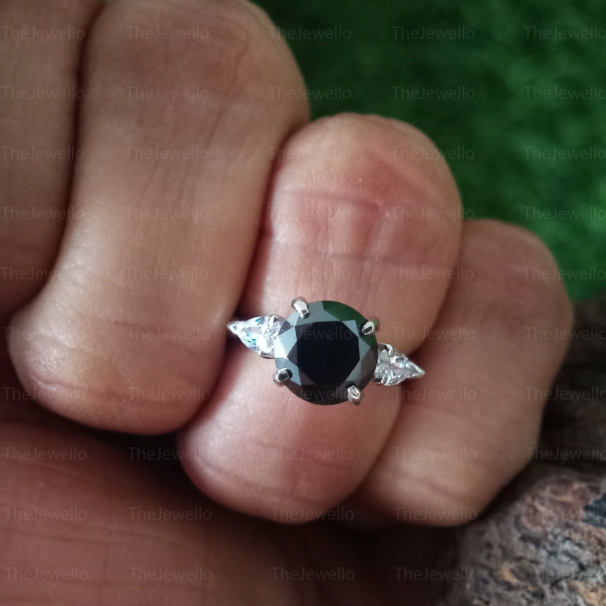 Black Moissanite Engagement Ring, 2.60 Carat Round Cut Moissanite Wedding Ring, 3 Stone Round Cut Moissanite Ring