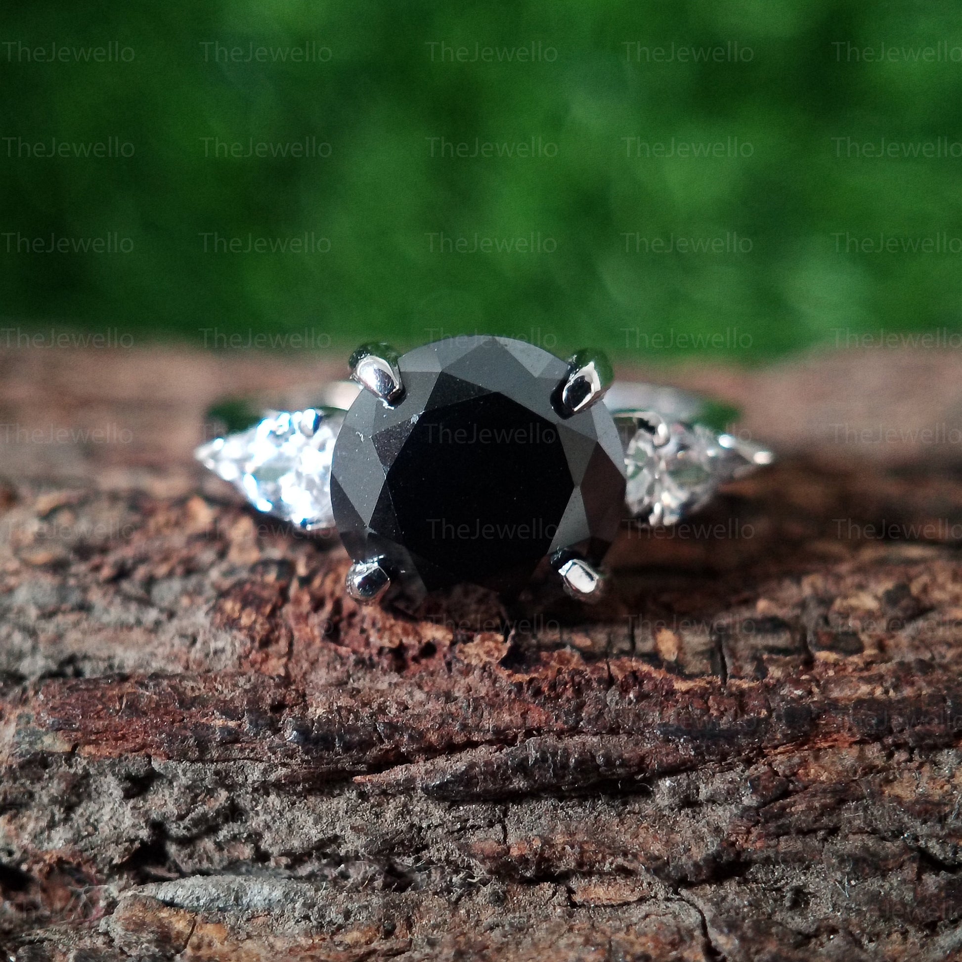 Black Moissanite Engagement Ring, 2.60 Carat Round Cut Moissanite Wedding Ring, 3 Stone Round Cut Moissanite Ring