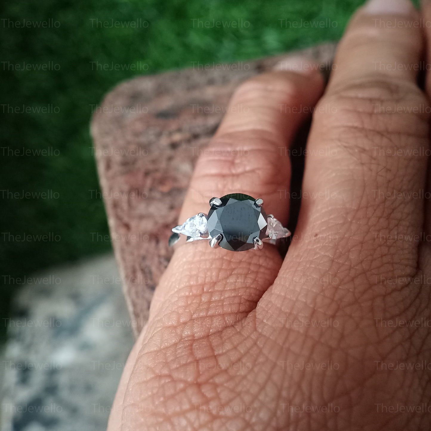 Black Moissanite Engagement Ring, 2.60 Carat Round Cut Moissanite Wedding Ring, 3 Stone Round Cut Moissanite Ring