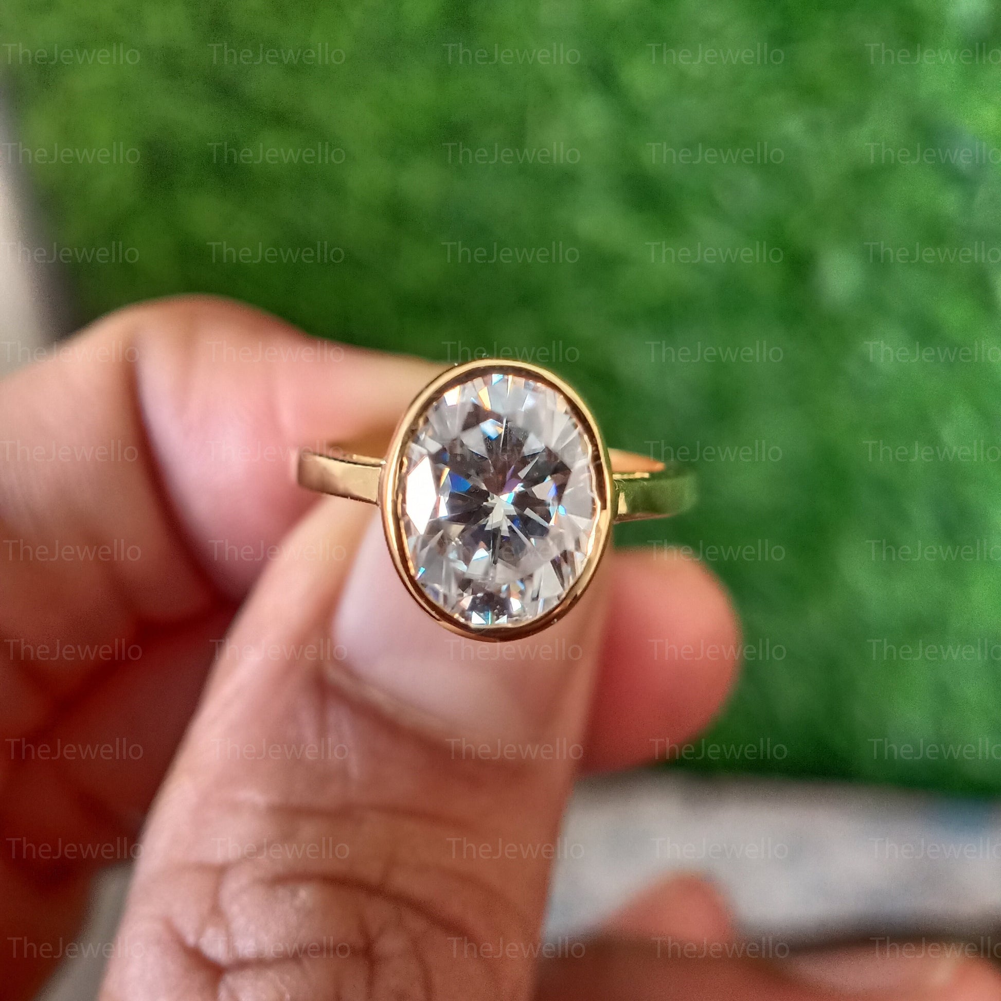 Oval Bezel Moissanite Engagement Ring, 2.80 Ct Oval Cut Moissanite Wedding Ring, Solitaire Bezel Set Diamond Ring, Real 14k Yellow Gold Ring