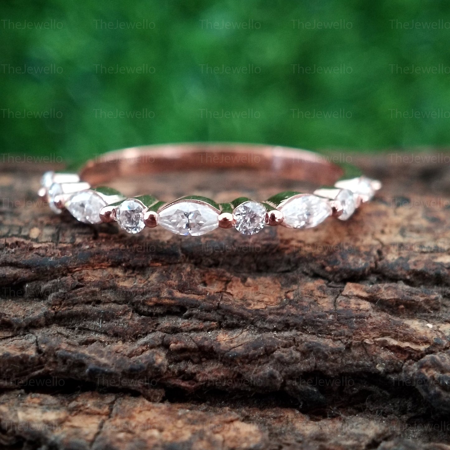 Moissanite Wedding Band, Round Marquise Cut Moissanite Diamond Bridal Band,Half Eternity Bridal Stacking band,Vintage Rose gold wedding band