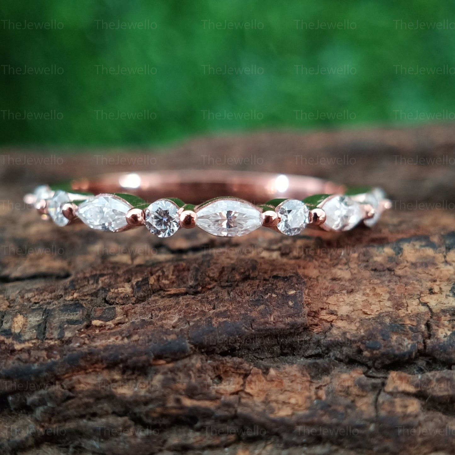 Moissanite Wedding Band, Round Marquise Cut Moissanite Diamond Bridal Band,Half Eternity Bridal Stacking band,Vintage Rose gold wedding band