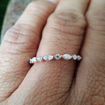 Moissanite Wedding Band, Round Marquise Cut Moissanite Diamond Bridal Band,Half Eternity Bridal Stacking band,Vintage Rose gold wedding band