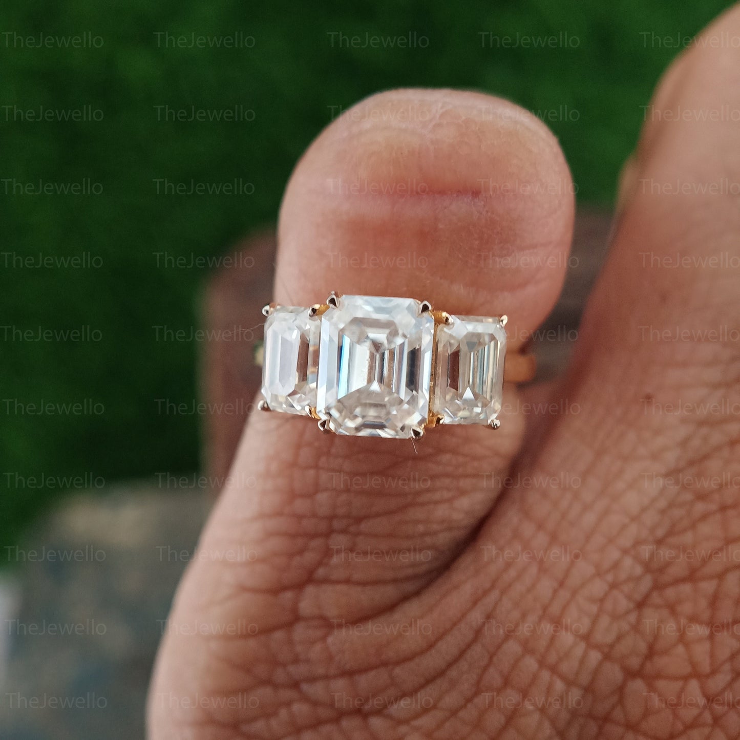 3.10 CT Emerald Cut Three Stone Moissanite Ring, Solid Real Gold18k Yelow Gold ring Engagement Ring, Anniversary Gift for Wife