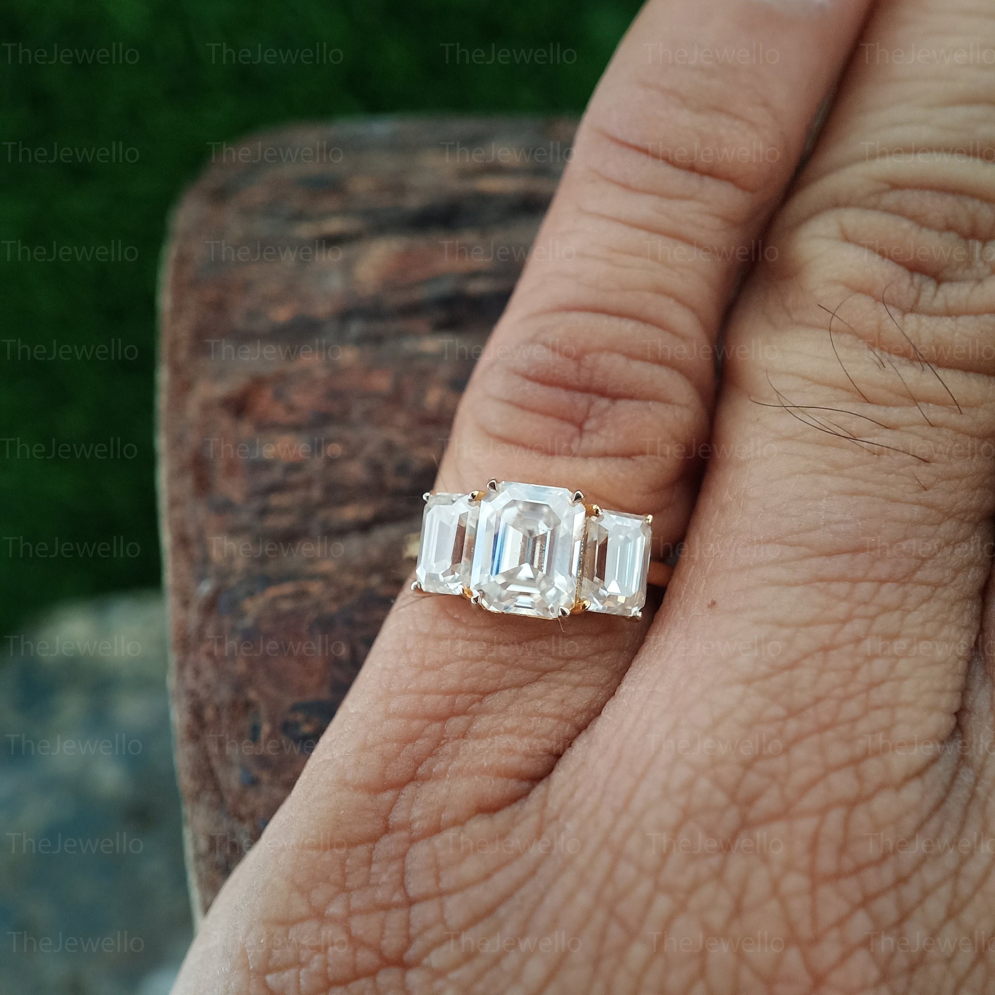 3.10 CT Emerald Cut Three Stone Moissanite Ring, Solid Real Gold18k Yelow Gold ring Engagement Ring, Anniversary Gift for Wife