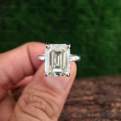 5.20 CT Emerald Cut Solitaire Moissanite Engagement Ring, 14k Solid Gold Dainty Engagement Ring, 4 Prong Solitaire Emerald Moissanite Ring