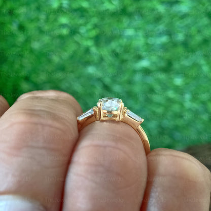 2.40 CT Oval Moissanite Engagement Ring, Three Stone Engagement Ring, Side Taper Baguette Cut Moissanite Ring, 18k Yellow Gold Ring