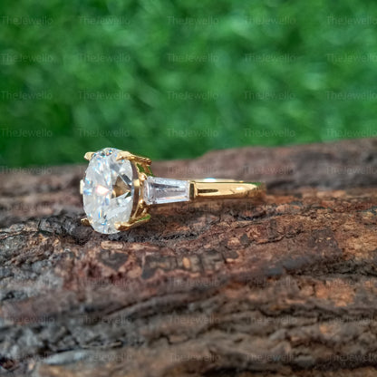 2.40 CT Oval Moissanite Engagement Ring, Three Stone Engagement Ring, Side Taper Baguette Cut Moissanite Ring, 18k Yellow Gold Ring