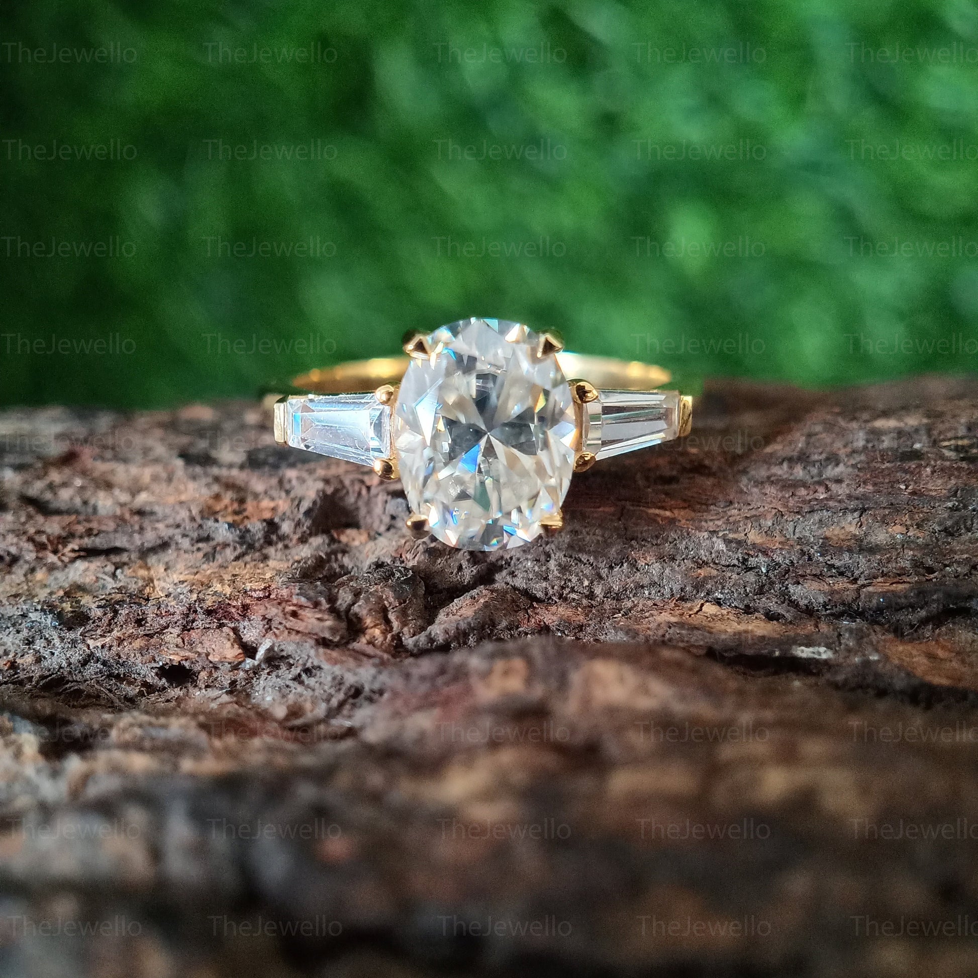 2.40 CT Oval Moissanite Engagement Ring, Three Stone Engagement Ring, Side Taper Baguette Cut Moissanite Ring, 18k Yellow Gold Ring