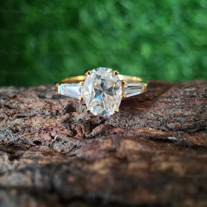 2.40 CT Oval Moissanite Engagement Ring, Three Stone Engagement Ring, Side Taper Baguette Cut Moissanite Ring, 18k Yellow Gold Ring