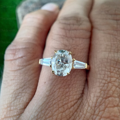 2.40 CT Oval Moissanite Engagement Ring, Three Stone Engagement Ring, Side Taper Baguette Cut Moissanite Ring, 18k Yellow Gold Ring