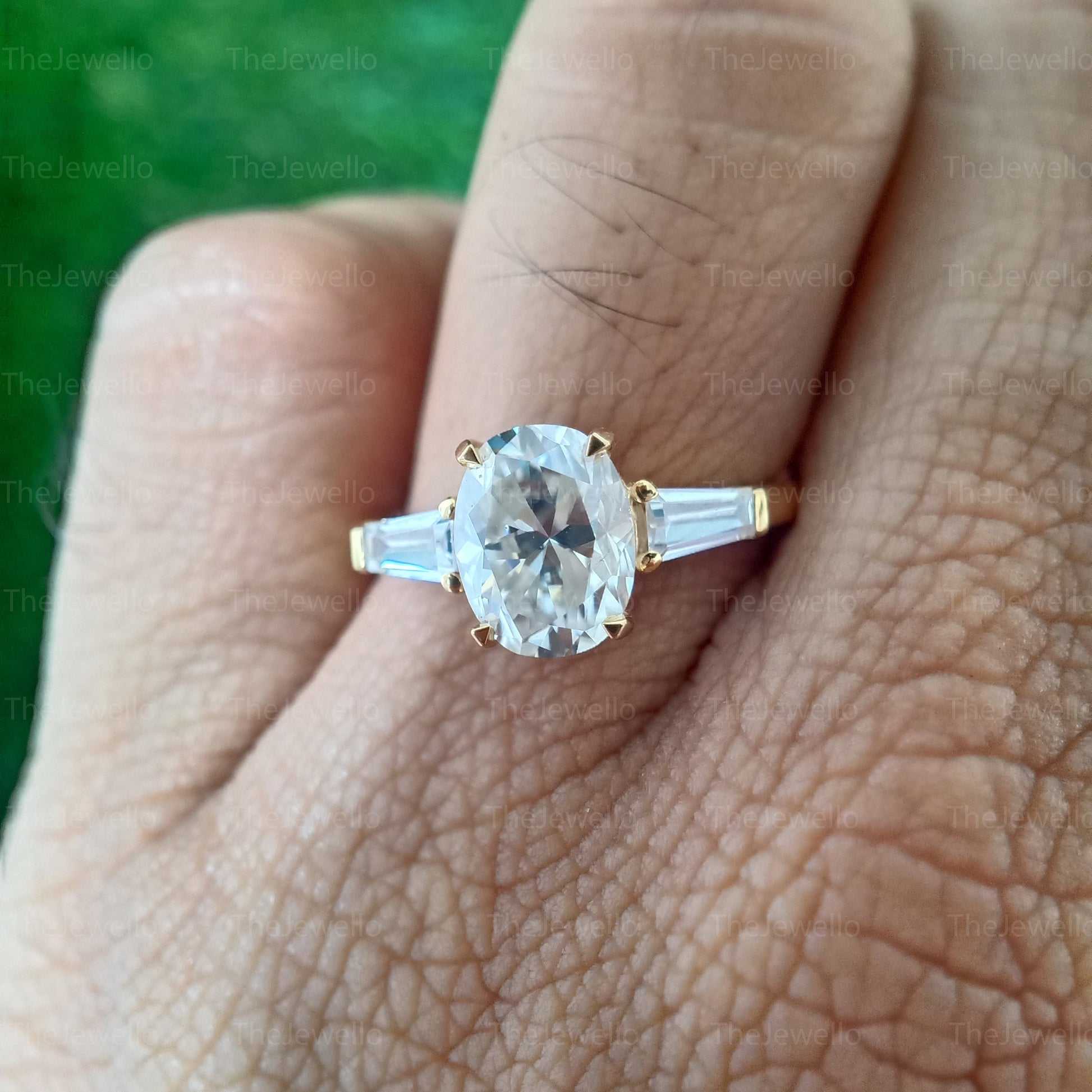 2.40 CT Oval Moissanite Engagement Ring, Three Stone Engagement Ring, Side Taper Baguette Cut Moissanite Ring, 18k Yellow Gold Ring