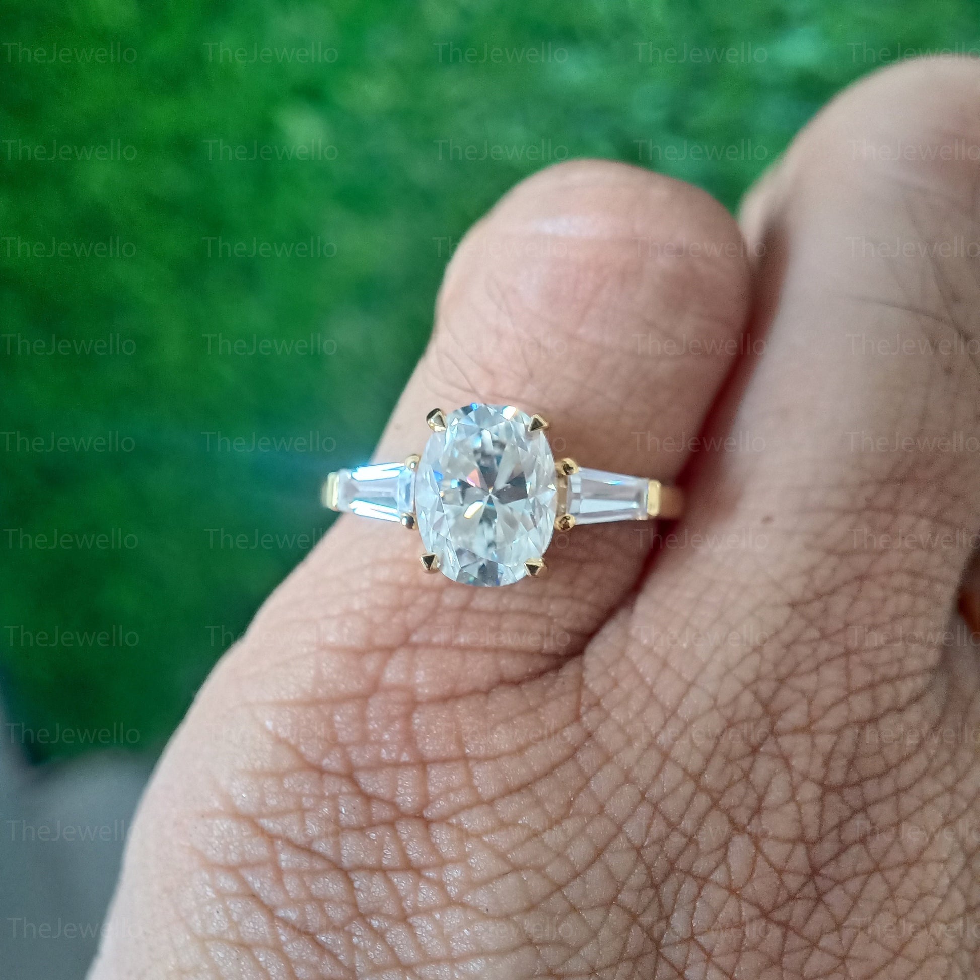 2.40 CT Oval Moissanite Engagement Ring, Three Stone Engagement Ring, Side Taper Baguette Cut Moissanite Ring, 18k Yellow Gold Ring