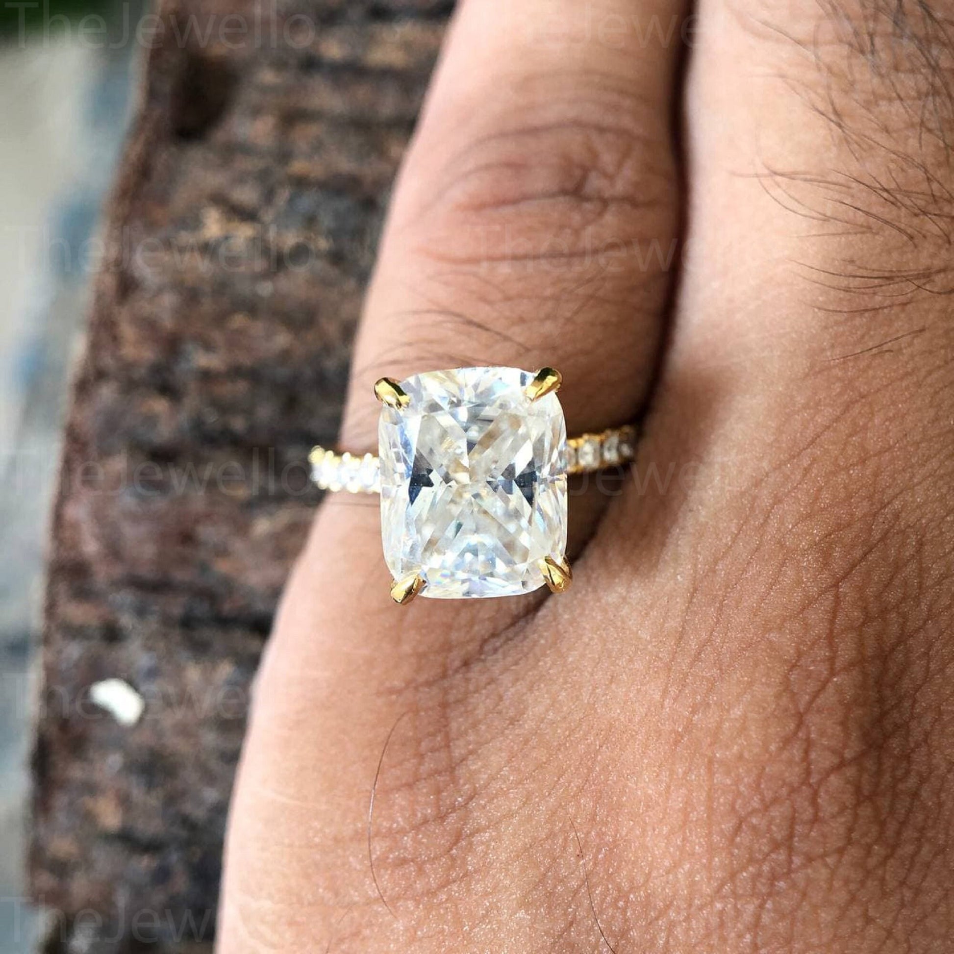 18k Yellow Gold Cushion Moissanite Ring, Elongated Cushion Cut Engagement Ring, Solitaire Hidden Halo Long Cushion Cut Moissanite Ring