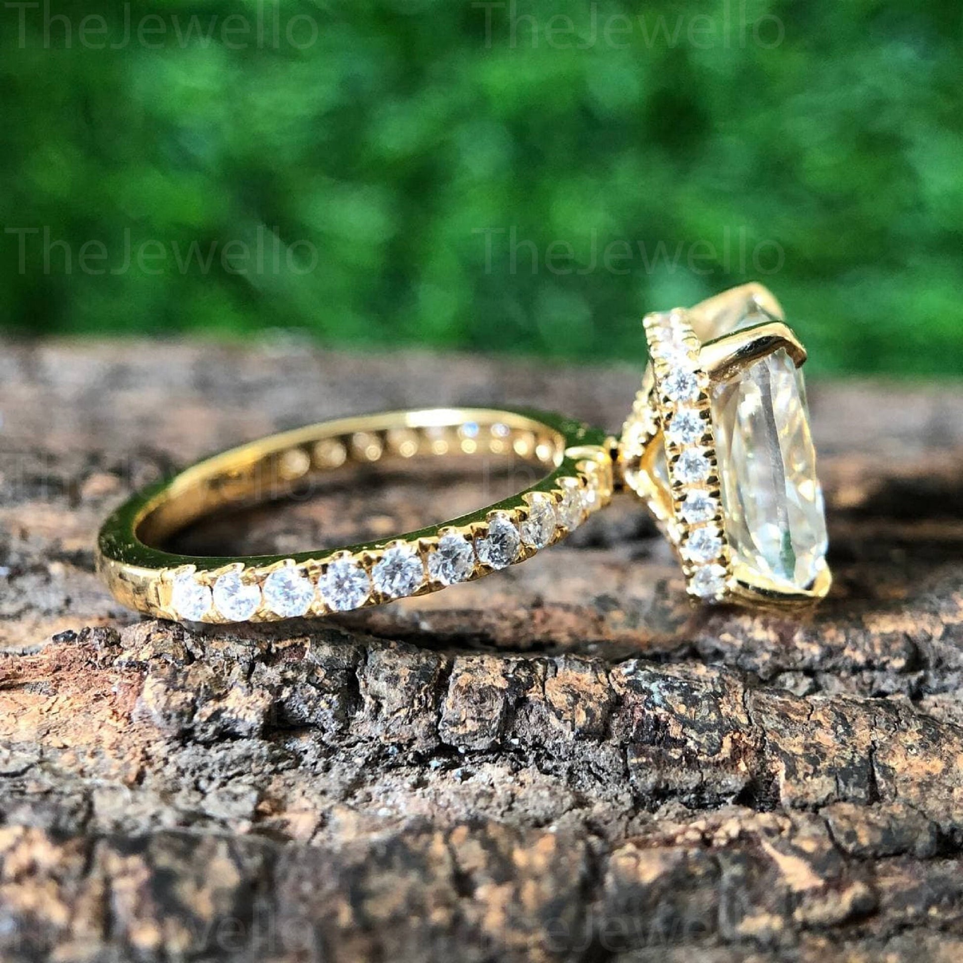 18k Yellow Gold Cushion Moissanite Ring, Elongated Cushion Cut Engagement Ring, Solitaire Hidden Halo Long Cushion Cut Moissanite Ring