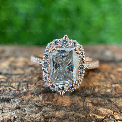 Antique Vintage Style 3.74 TW Radiant Cut Grey Moissanite Ring, Halo Engagement Ring, Double Claw Prongs, Solid Rose/White/Yellow Gold Ring