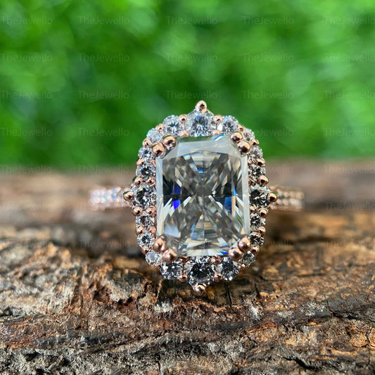 Antique Vintage Style 3.74 TW Radiant Cut Grey Moissanite Ring, Halo Engagement Ring, Double Claw Prongs, Solid Rose/White/Yellow Gold Ring